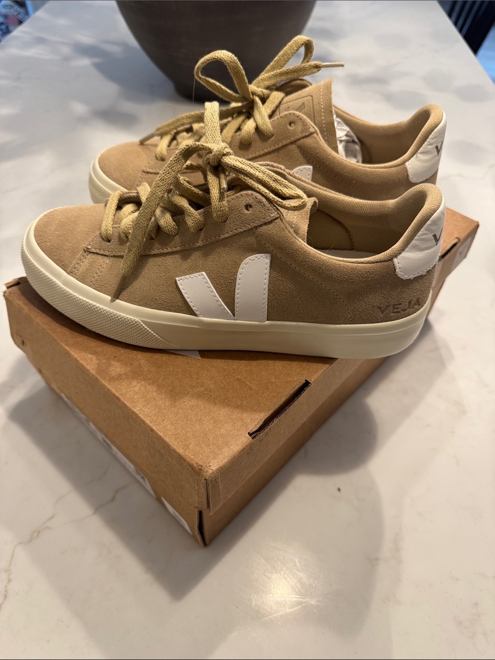 Veja Women's Suede Sneakers in Tan and White